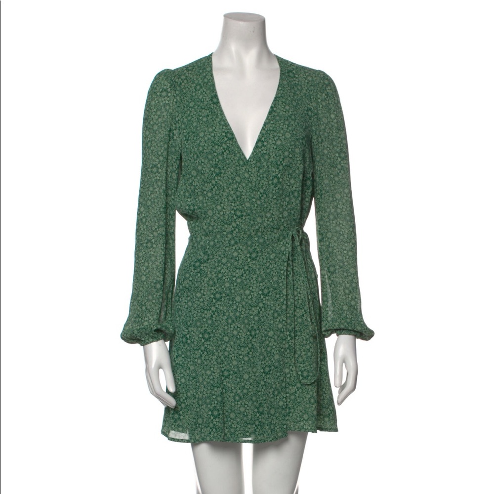 Green floral Reformation wrap dress with long sleeves. Such a great dress